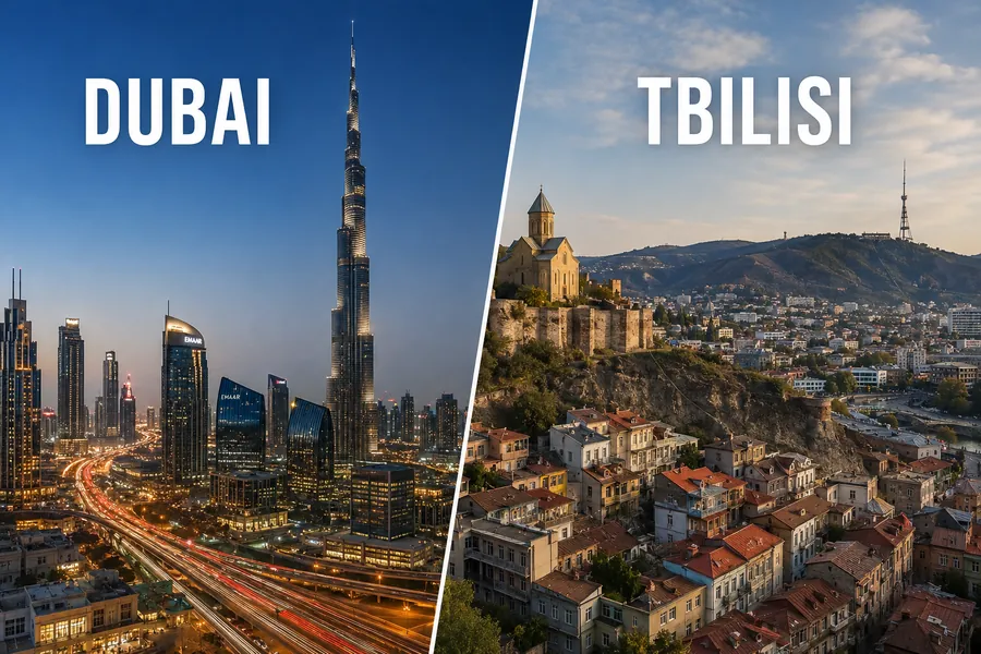 Dubai skyline and Tbilisi old town side by side