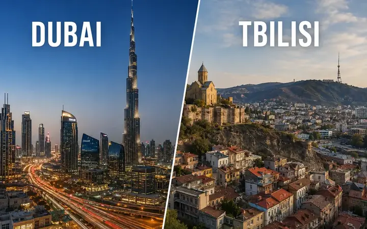 Dubai skyline and Tbilisi old town side by side